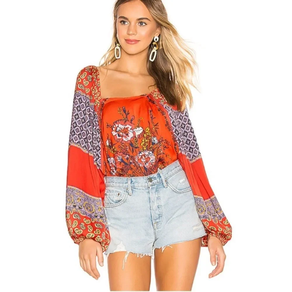 Free People Positano Print Blouse NWT Size XS Cherry Combo Boho Spring Chic